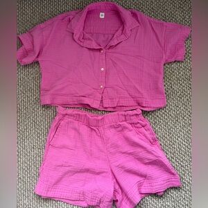 Pink Button-Up Shirt and Shorts Set